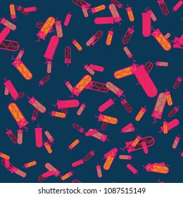 Alchemy seamless pattern background with bottles. Backdrop with cute laboratory bottles. Cartoon chemistry illustration. Magic liquid.