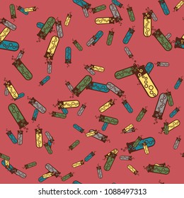Alchemy seamless pattern background with bottles. Backdrop with cute laboratory bottles. Cartoon chemistry illustration. Magic liquid.