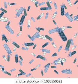 Alchemy seamless pattern background with bottles. Backdrop with cute laboratory bottles. Cartoon chemistry illustration. Magic liquid.
