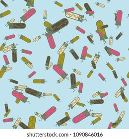 Alchemy seamless pattern background with bottles. Backdrop with cute laboratory bottles. Cartoon chemistry illustration. Magic liquid.