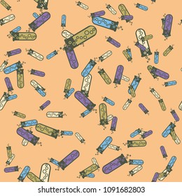 Alchemy seamless pattern background with bottles. Backdrop with cute laboratory bottles. Cartoon chemistry illustration. Magic liquid.