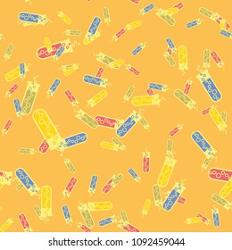 Alchemy seamless pattern background with bottles. Backdrop with cute laboratory bottles. Cartoon chemistry illustration. Magic liquid.