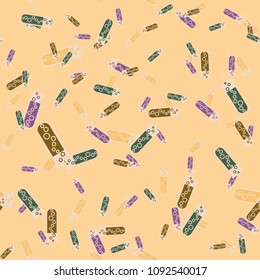 Alchemy seamless pattern background with bottles. Backdrop with cute laboratory bottles. Cartoon chemistry illustration. Magic liquid.