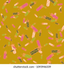 Alchemy seamless pattern background with bottles. Backdrop with cute laboratory bottles. Cartoon chemistry illustration. Magic liquid.