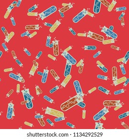 Alchemy seamless pattern background with bottles. Backdrop with cute laboratory bottles. Cartoon chemistry illustration. Magic liquid.