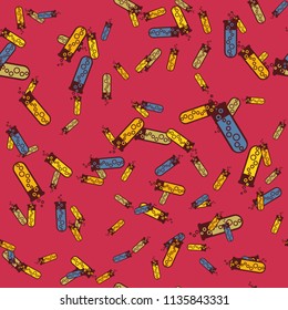 Alchemy seamless pattern background with bottles. Backdrop with cute laboratory bottles. Cartoon chemistry illustration. Magic liquid.