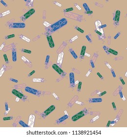 Alchemy seamless pattern background with bottles. Backdrop with cute laboratory bottles. Cartoon chemistry illustration. Magic liquid.