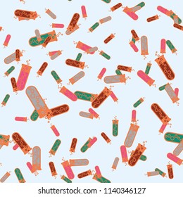 Alchemy seamless pattern background with bottles. Backdrop with cute laboratory bottles. Cartoon chemistry illustration. Magic liquid.