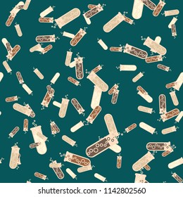 Alchemy seamless pattern background with bottles. Backdrop with cute laboratory bottles. Cartoon chemistry illustration. Magic liquid.