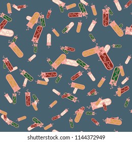Alchemy seamless pattern background with bottles. Backdrop with cute laboratory bottles. Cartoon chemistry illustration. Magic liquid.