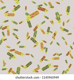 Alchemy seamless pattern background with bottles. Backdrop with cute laboratory bottles. Cartoon chemistry illustration. Magic liquid.