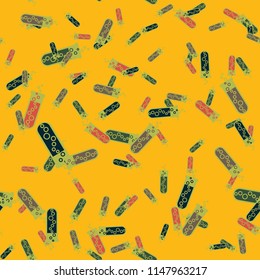 Alchemy seamless pattern background with bottles. Backdrop with cute laboratory bottles. Cartoon chemistry illustration. Magic liquid.