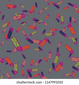 Alchemy seamless pattern background with bottles. Backdrop with cute laboratory bottles. Cartoon chemistry illustration. Magic liquid.