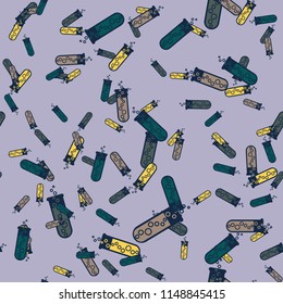 Alchemy seamless pattern background with bottles. Backdrop with cute laboratory bottles. Cartoon chemistry illustration. Magic liquid.