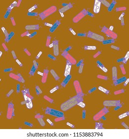 Alchemy seamless pattern background with bottles. Backdrop with cute laboratory bottles. Cartoon chemistry illustration. Magic liquid.