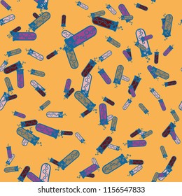 Alchemy seamless pattern background with bottles. Backdrop with cute laboratory bottles. Cartoon chemistry illustration. Magic liquid.