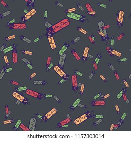 Alchemy seamless pattern background with bottles. Backdrop with cute laboratory bottles. Cartoon chemistry illustration. Magic liquid.