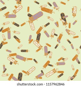 Alchemy seamless pattern background with bottles. Backdrop with cute laboratory bottles. Cartoon chemistry illustration. Magic liquid.