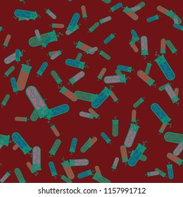 Alchemy seamless pattern background with bottles. Backdrop with cute laboratory bottles. Cartoon chemistry illustration. Magic liquid.