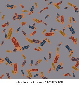 Alchemy seamless pattern background with bottles. Backdrop with cute laboratory bottles. Cartoon chemistry illustration. Magic liquid.