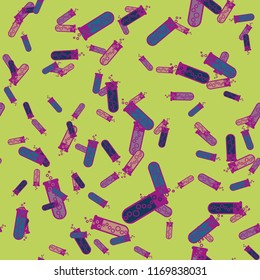 Alchemy seamless pattern background with bottles. Backdrop with cute laboratory bottles. Cartoon chemistry illustration. Magic liquid.