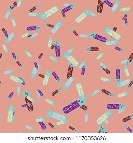 Alchemy seamless pattern background with bottles. Backdrop with cute laboratory bottles. Cartoon chemistry illustration. Magic liquid.