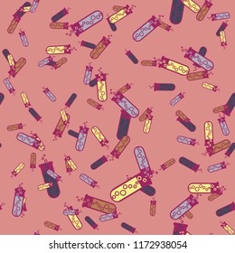 Alchemy seamless pattern background with bottles. Backdrop with cute laboratory bottles. Cartoon chemistry illustration. Magic liquid.