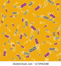 Alchemy seamless pattern background with bottles. Backdrop with cute laboratory bottles. Cartoon chemistry illustration. Magic liquid.
