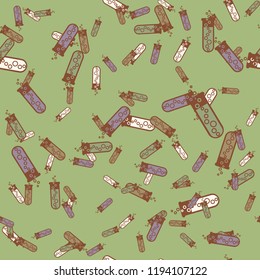 Alchemy seamless pattern background with bottles. Backdrop with cute laboratory bottles. Cartoon chemistry illustration. Magic liquid.