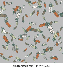 Alchemy seamless pattern background with bottles. Backdrop with cute laboratory bottles. Cartoon chemistry illustration. Magic liquid.