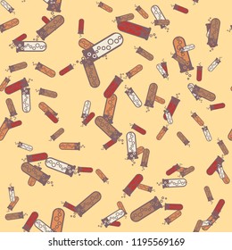 Alchemy seamless pattern background with bottles. Backdrop with cute laboratory bottles. Cartoon chemistry illustration. Magic liquid.