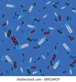 Alchemy seamless pattern background with bottles. Backdrop with cute laboratory bottles. Cartoon chemistry illustration. Magic liquid.