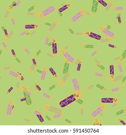 Alchemy seamless pattern background with bottles. Backdrop with cute laboratory bottles. Cartoon chemistry illustration. Magic liquid.