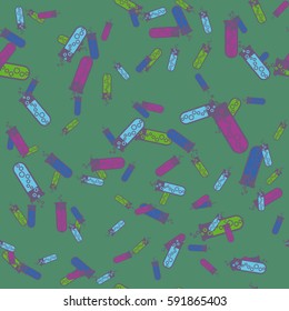 Alchemy seamless pattern background with bottles. Backdrop with cute laboratory bottles. Cartoon chemistry illustration. Magic liquid.
