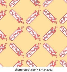 Alchemy seamless pattern background with bottles. Backdrop with cute laboratory bottles. Cartoon chemistry illustration. Magic liquid.