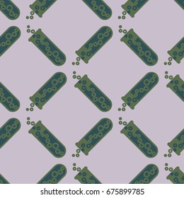 Alchemy seamless pattern background with bottles. Backdrop with cute laboratory bottles. Cartoon chemistry illustration. Magic liquid.