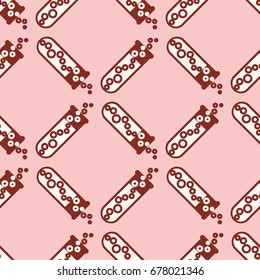 Alchemy seamless pattern background with bottles. Backdrop with cute laboratory bottles. Cartoon chemistry illustration. Magic liquid.