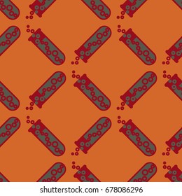 Alchemy seamless pattern background with bottles. Backdrop with cute laboratory bottles. Cartoon chemistry illustration. Magic liquid.