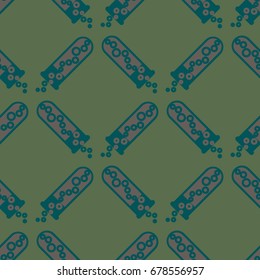 Alchemy seamless pattern background with bottles. Backdrop with cute laboratory bottles. Cartoon chemistry illustration. Magic liquid.