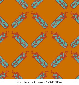 Alchemy seamless pattern background with bottles. Backdrop with cute laboratory bottles. Cartoon chemistry illustration. Magic liquid.