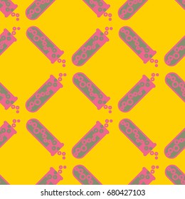 Alchemy seamless pattern background with bottles. Backdrop with cute laboratory bottles. Cartoon chemistry illustration. Magic liquid.