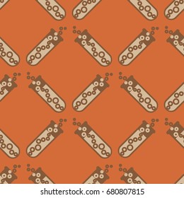 Alchemy seamless pattern background with bottles. Backdrop with cute laboratory bottles. Cartoon chemistry illustration. Magic liquid.