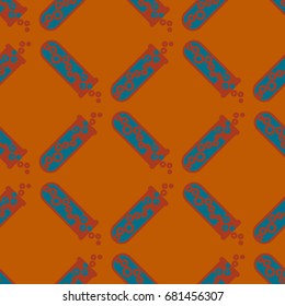 Alchemy seamless pattern background with bottles. Backdrop with cute laboratory bottles. Cartoon chemistry illustration. Magic liquid.
