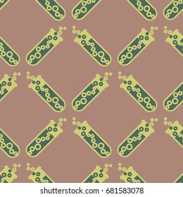 Alchemy seamless pattern background with bottles. Backdrop with cute laboratory bottles. Cartoon chemistry illustration. Magic liquid.