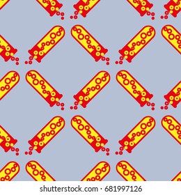 Alchemy seamless pattern background with bottles. Backdrop with cute laboratory bottles. Cartoon chemistry illustration. Magic liquid.