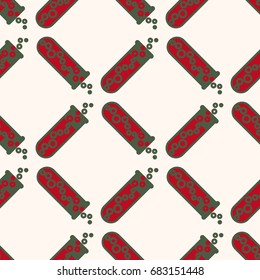 Alchemy seamless pattern background with bottles. Backdrop with cute laboratory bottles. Cartoon chemistry illustration. Magic liquid.
