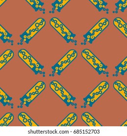 Alchemy seamless pattern background with bottles. Backdrop with cute laboratory bottles. Cartoon chemistry illustration. Magic liquid.