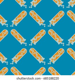Alchemy seamless pattern background with bottles. Backdrop with cute laboratory bottles. Cartoon chemistry illustration. Magic liquid.