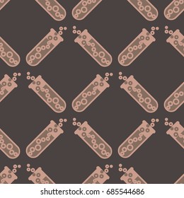 Alchemy seamless pattern background with bottles. Backdrop with cute laboratory bottles. Cartoon chemistry illustration. Magic liquid.