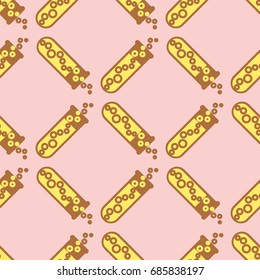 Alchemy seamless pattern background with bottles. Backdrop with cute laboratory bottles. Cartoon chemistry illustration. Magic liquid.